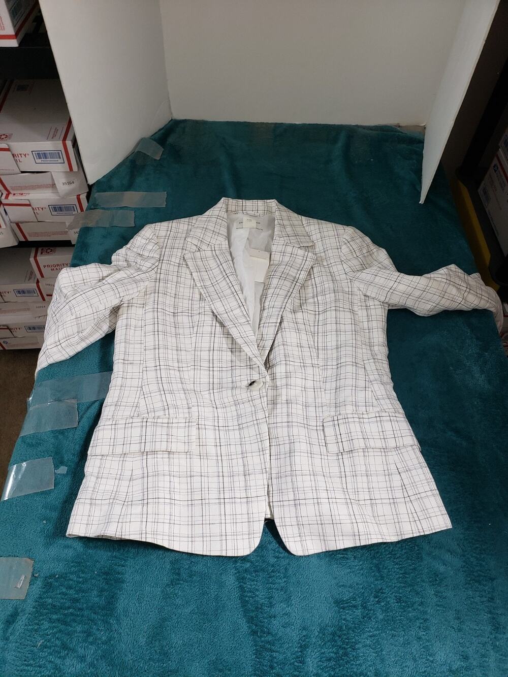 Club Monaco Blazer Size 8 Women White Long Sleeves Plaid Linen Blend Ladies NWT